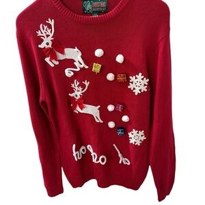 Ugly Christmas Sweater Red with Reindeer Snow Balls Packages Ho Ho Size Large